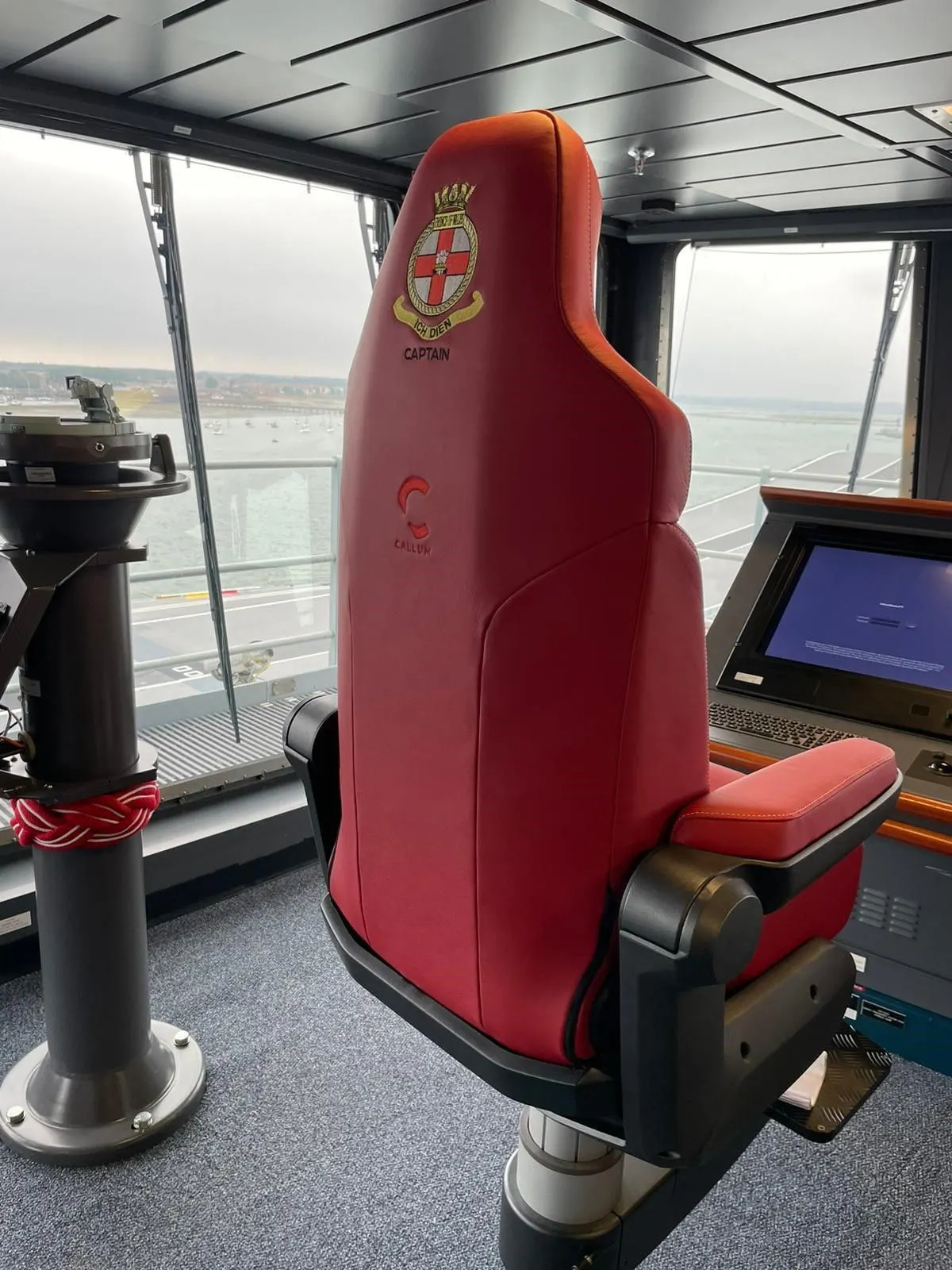 Embroidered captain's seat made for the Prince of Wales aircraft carrier