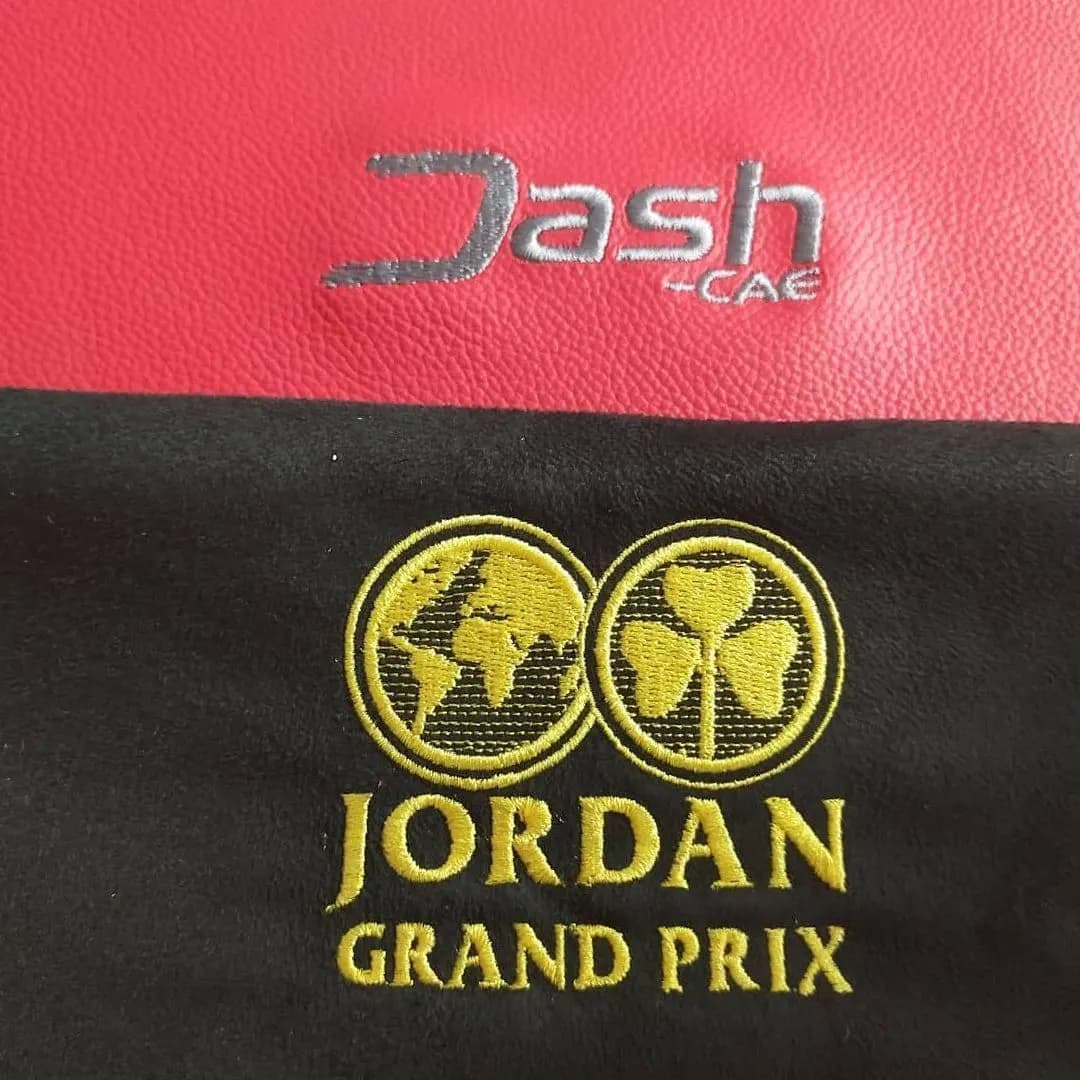 GP Jordan logo embroidery on a Grand Prix vehicle seat
