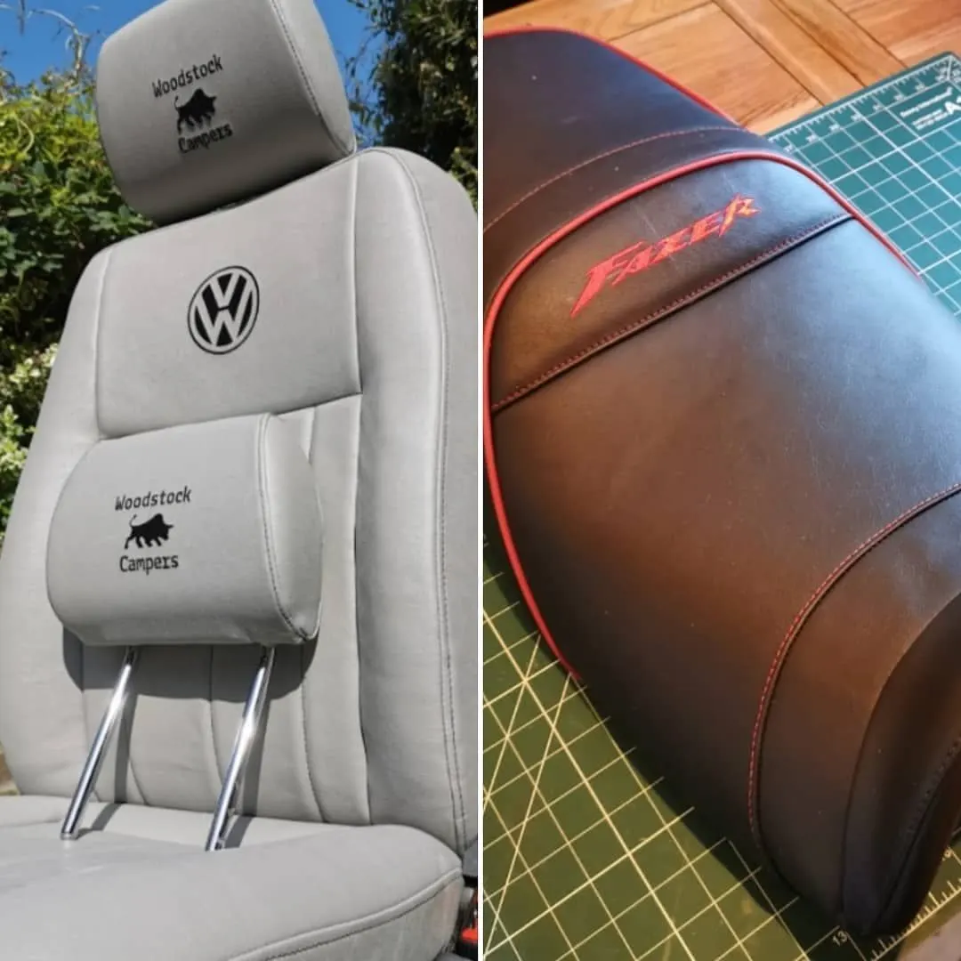 Embroidered vinyl seat for a VW campervan by Woodstock Campers