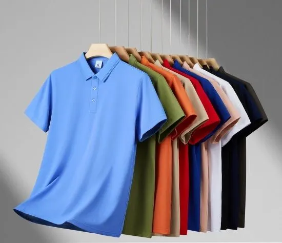 Stack of polo shirts in assorted colours ready for embroidery
