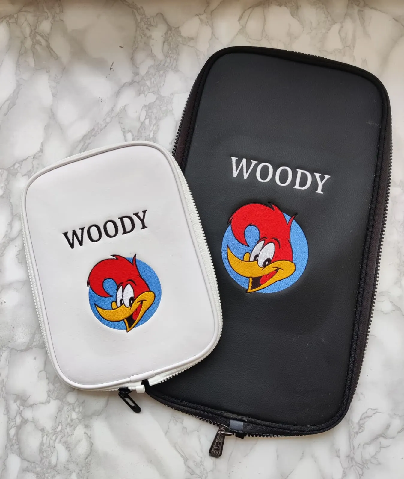 Golf club head covers embroidered 'Woody' with a Woody Woodpecker design